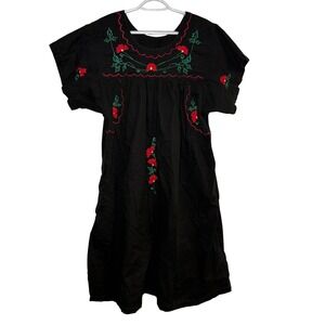 NAQUI Black Embroidered Cotton Floral Short Sleeve House Dress 2X Mexican Lounge